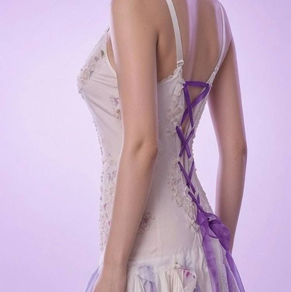 Alternate image for Handcrafted fairy-tale dress with corset back and asymmetrical hem in Lavender and white