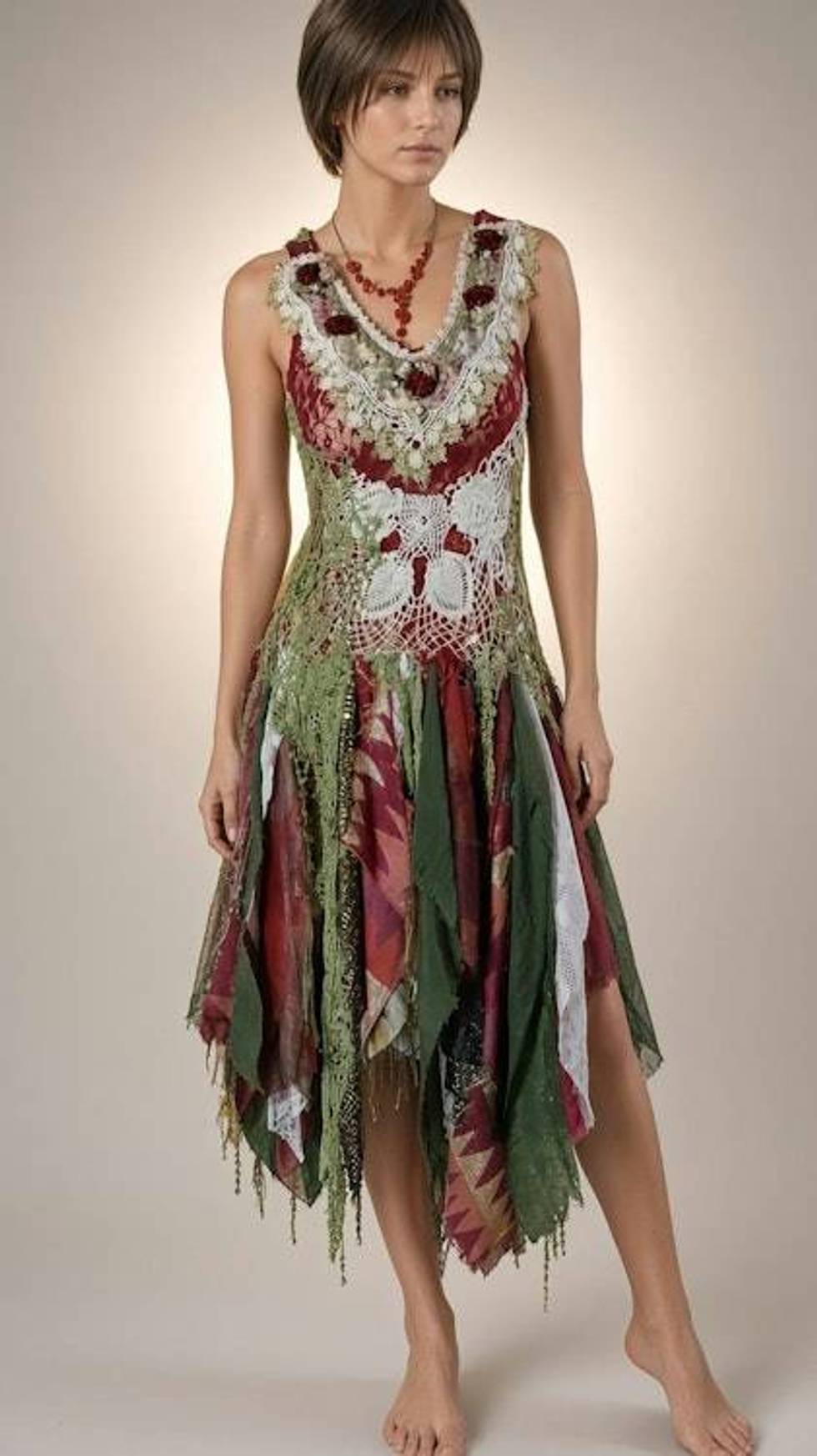 Forest Woodland fairy handkerchief hem artisan dress with corset back in Christmas colors