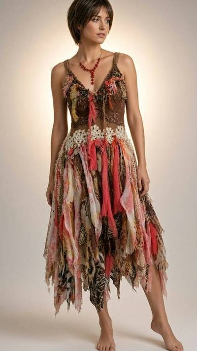 Primary image for Bohemian handkerchief hem dress with mixed print tattered ribbons