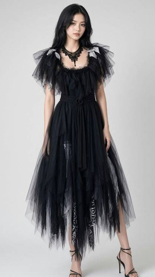 Alternate image for Gothic black tulle dress with handkerchief hem and layered skirt and shoulder detail
