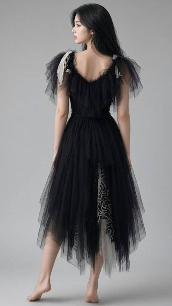 Alternate image for Gothic black tulle dress with handkerchief hem and layered skirt and shoulder detail