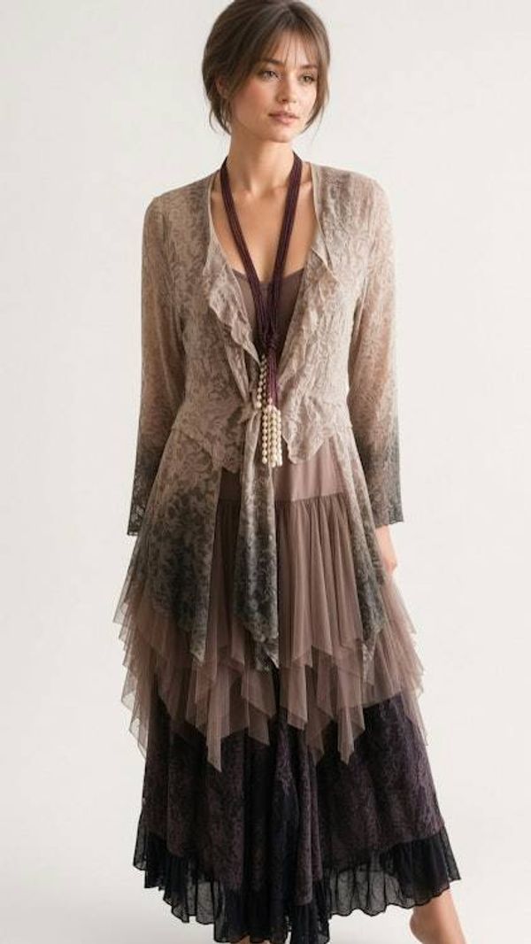Alternate image for Bohemian Lace and Tulle Layered Ombré Dress with Victorian-Inspired Details