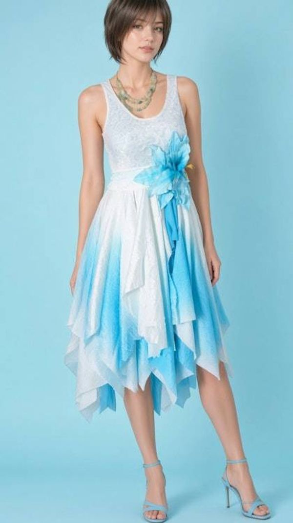 Alternate image for Handcrafted ombre dress with asymmetric hem in sky blue/ aqua and white