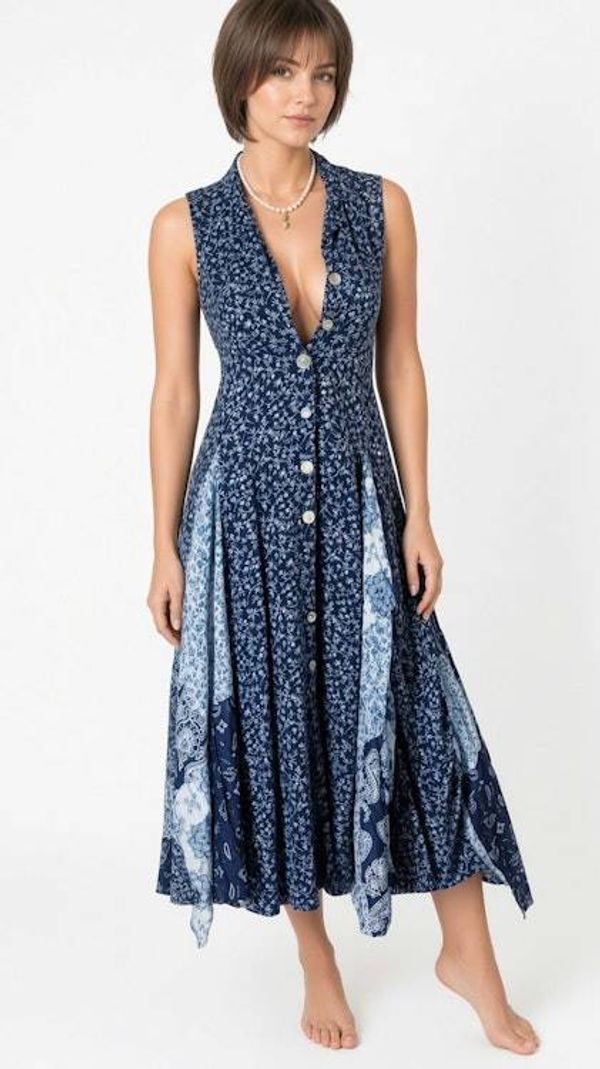 Alternate image for Navy Blue Bandana Print Sleeveless Handkerchief Hem Maxi Dress