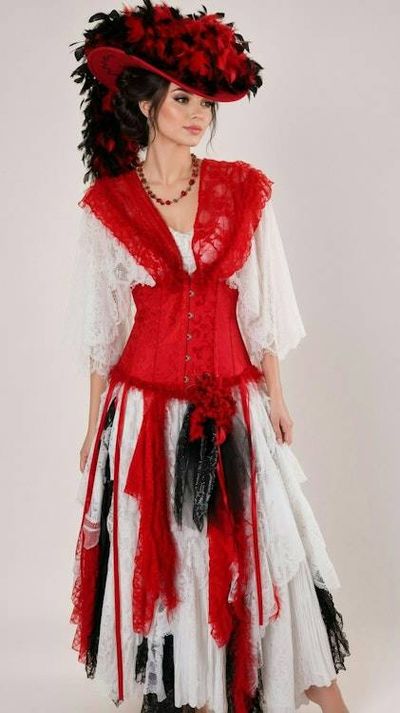 Alternate image for Red and white theatrical or Halloween Pirate costume with feathered at and layered skirt and hat