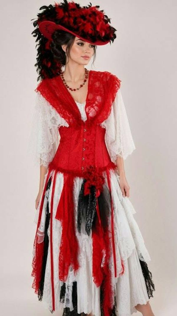 Alternate image for Red and white theatrical or Halloween Pirate costume with feathered at and layered skirt and hat