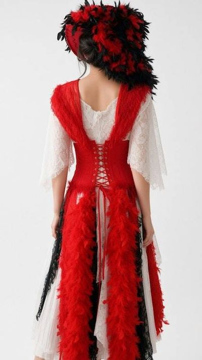 Alternate image for Red and white theatrical or Halloween Pirate costume with feathered at and layered skirt and hat