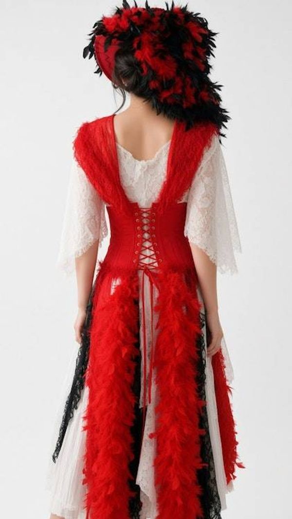 Alternate image for Red and white theatrical or Halloween Pirate costume with feathered at and layered skirt and hat