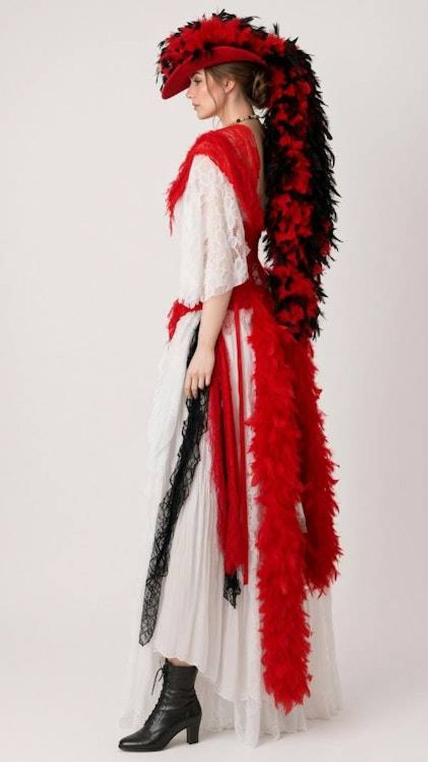 Alternate image for Red and white theatrical or Halloween Pirate costume with feathered at and layered skirt and hat