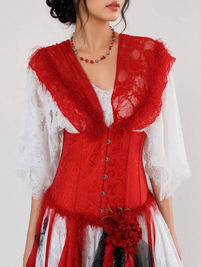 Alternate image for Red and white theatrical or Halloween Pirate costume with feathered at and layered skirt and hat