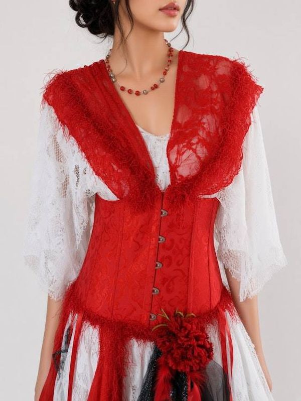 Alternate image for Red and white theatrical or Halloween Pirate costume with feathered at and layered skirt and hat
