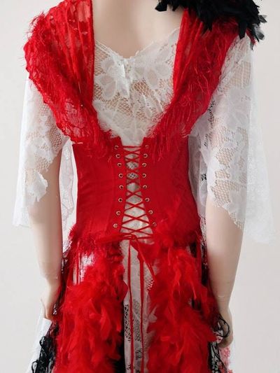 Alternate image for Red and white theatrical or Halloween Pirate costume with feathered at and layered skirt and hat