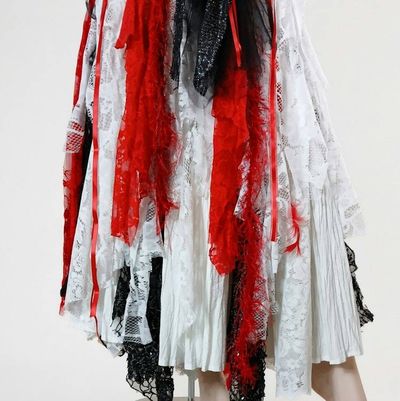 Alternate image for Red and white theatrical or Halloween Pirate costume with feathered at and layered skirt and hat