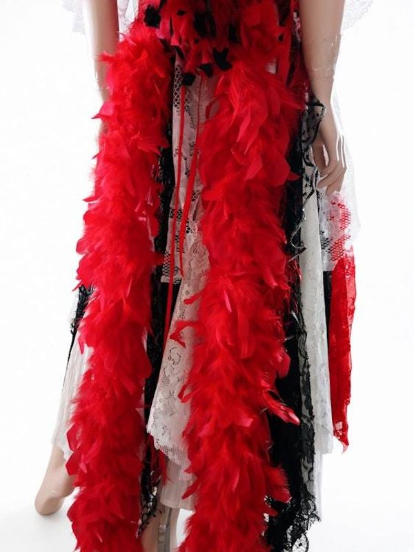 Alternate image for Red and white theatrical or Halloween Pirate costume with feathered at and layered skirt and hat