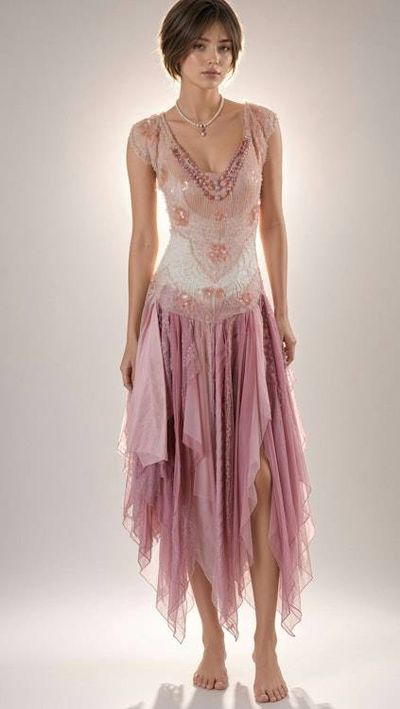 Primary image for Handcrafted ethereal pink and lavender lace and fairy dress with handkerchief hem