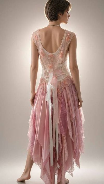 Alternate image for Handcrafted ethereal pink and lavender lace and fairy dress with handkerchief hem