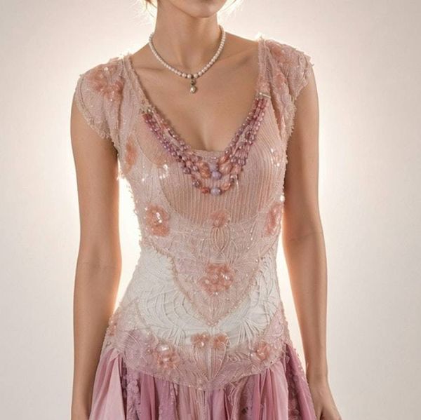 Alternate image for Handcrafted ethereal pink and lavender lace and fairy dress with handkerchief hem