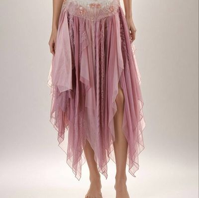 Alternate image for Handcrafted ethereal pink and lavender lace and fairy dress with handkerchief hem