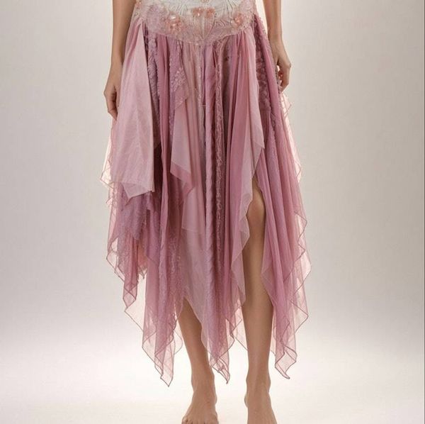 Alternate image for Handcrafted ethereal pink and lavender lace and fairy dress with handkerchief hem