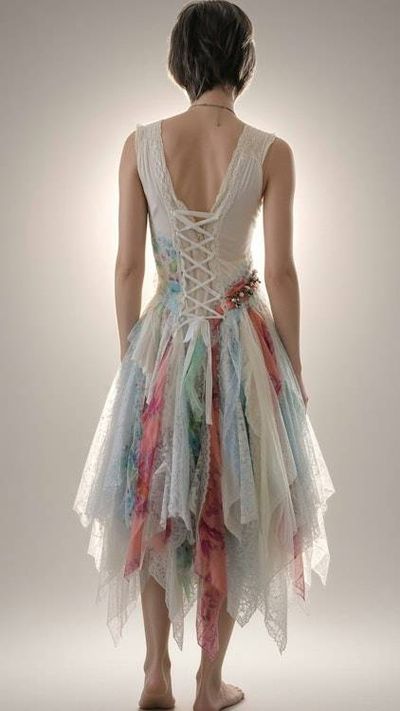 Alternate image for Handcrafted soft watercolor fairy dress with corset back and asymmetrical hem