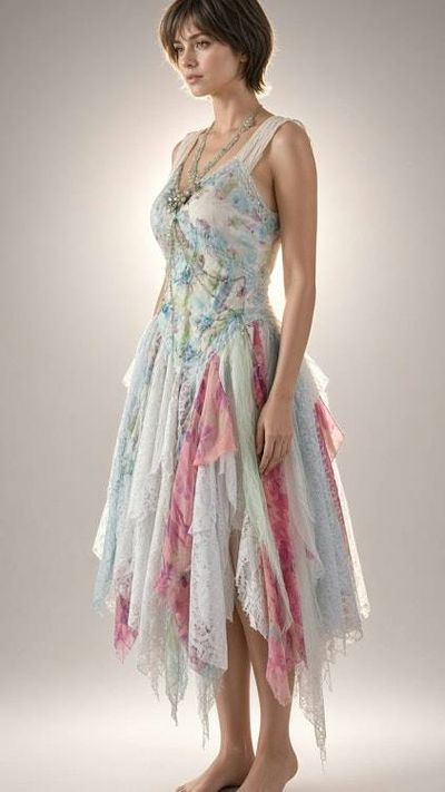 Alternate image for Handcrafted soft watercolor fairy dress with corset back and asymmetrical hem