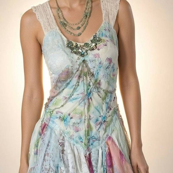 Alternate image for Handcrafted soft watercolor fairy dress with corset back and asymmetrical hem
