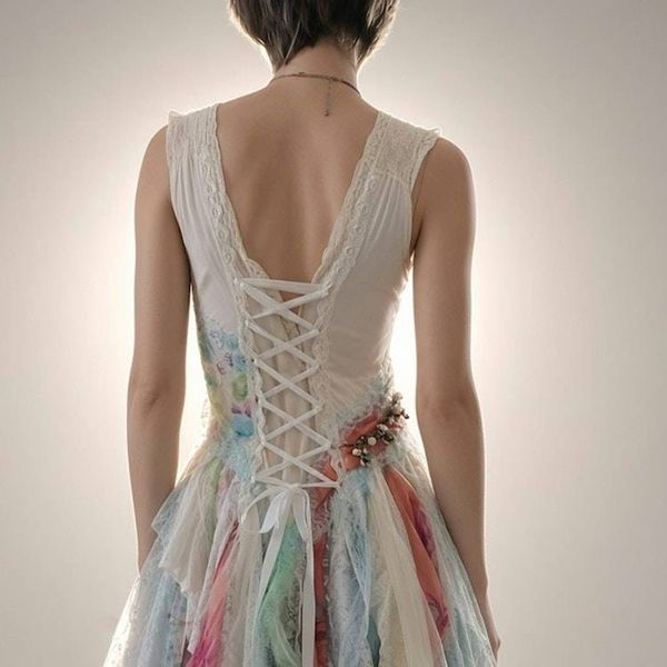 Alternate image for Handcrafted soft watercolor fairy dress with corset back and asymmetrical hem
