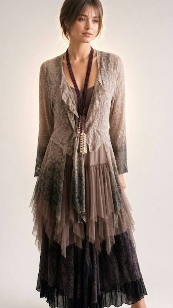 Alternate image for Bohemian Lace and Tulle Layered Ombré Dress with Victorian-Inspired Details