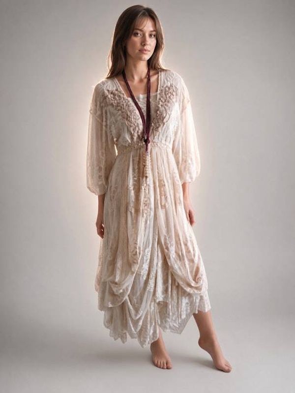 Alternate image for Unique cream layered, bohemian style dress.
