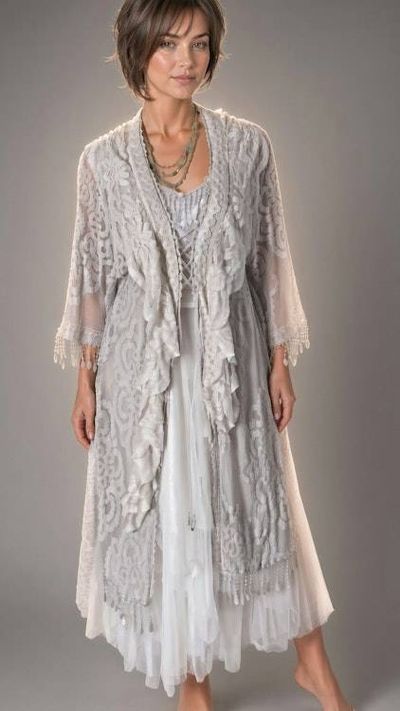Alternate image for Ethereal Ivory and grey lace dress and robe set with embellished fringe detail