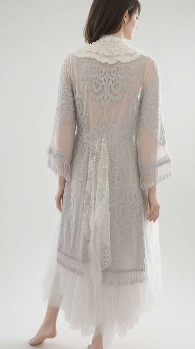 Alternate image for Ethereal Ivory and grey lace dress and robe set with embellished fringe detail