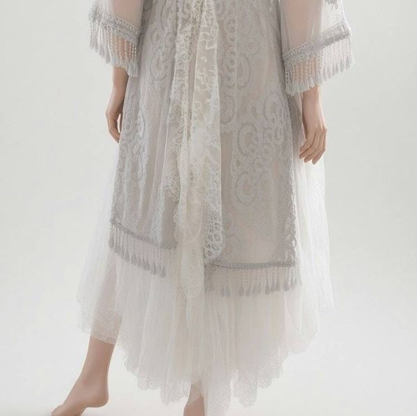 Alternate image for Ethereal Ivory and grey lace dress and robe set with embellished fringe detail
