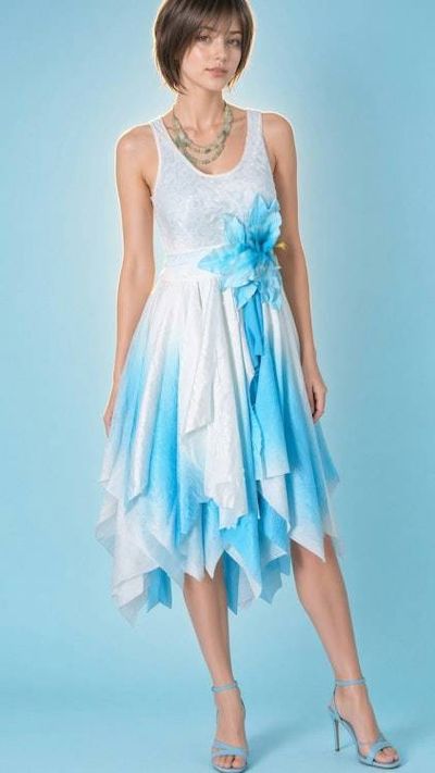 Alternate image for Handcrafted ombre dress with asymmetric hem in sky blue/ aqua and white