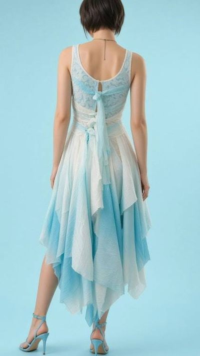 Alternate image for Handcrafted ombre dress with asymmetric hem in sky blue/ aqua and white