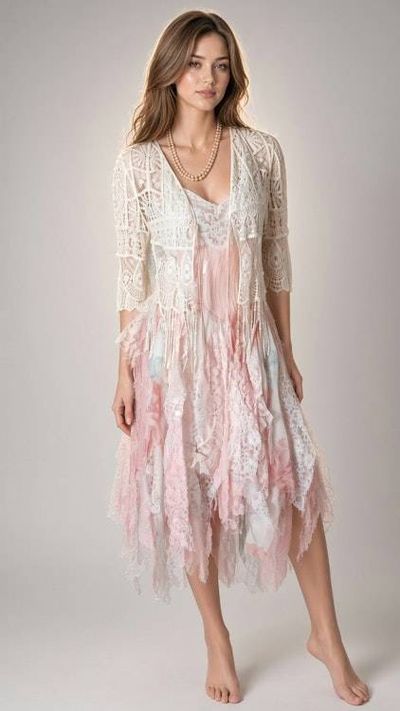 Alternate image for Romantic layered lace and tulle dress with crochet overlay - blush pink and ivory