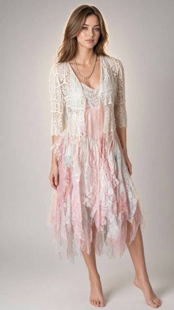 Alternate image for Romantic layered lace and tulle dress with crochet overlay - blush pink and ivory