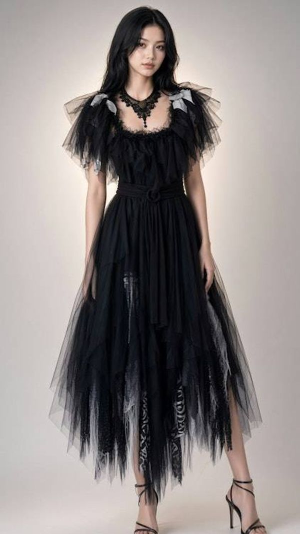 Alternate image for Gothic black tulle dress with handkerchief hem and layered skirt and shoulder detail