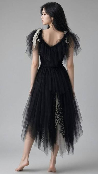 Alternate image for Gothic black tulle dress with handkerchief hem and layered skirt and shoulder detail
