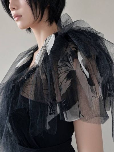 Alternate image for Gothic black tulle dress with handkerchief hem and layered skirt and shoulder detail