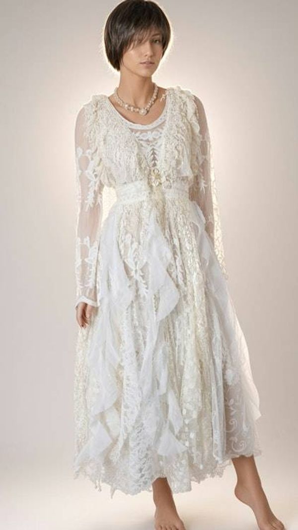 Alternate image for Handcrafted ivory lace long sleeve Tea-Length dress with intricate decor and fringe