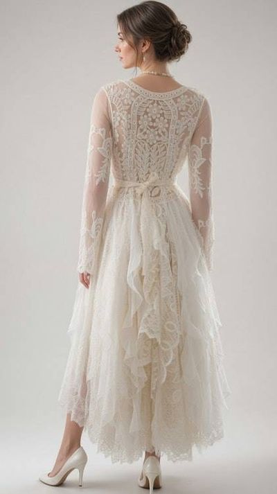 Alternate image for Handcrafted ivory lace long sleeve Tea-Length dress with intricate decor and fringe