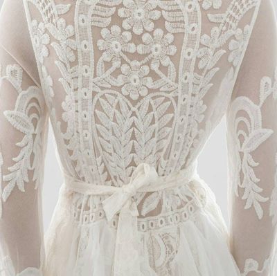 Alternate image for Handcrafted ivory lace long sleeve Tea-Length dress with intricate decor and fringe