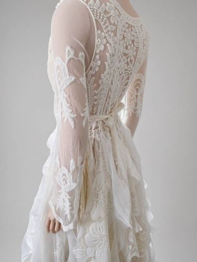Alternate image for Handcrafted ivory lace long sleeve Tea-Length dress with intricate decor and fringe