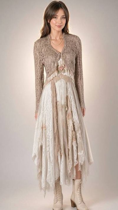 Alternate image for Handcrafted lace and cotton bohemian ensemble with cropped jacket and asymmetric skirt