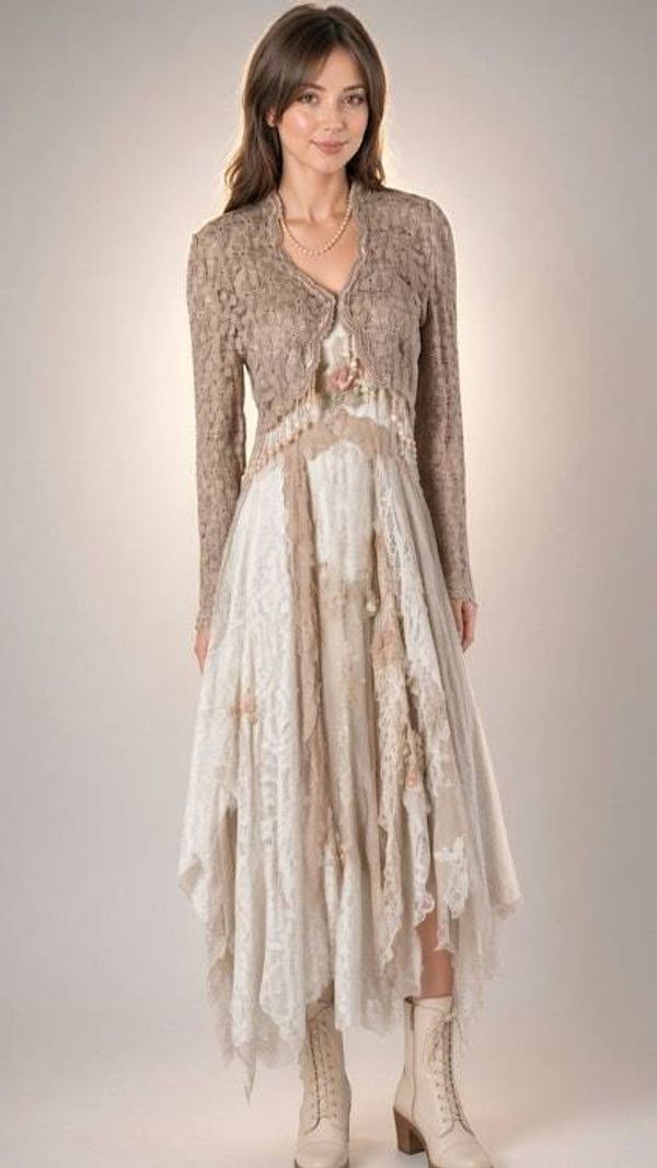 Alternate image for Handcrafted lace and cotton bohemian ensemble with cropped jacket and asymmetric skirt