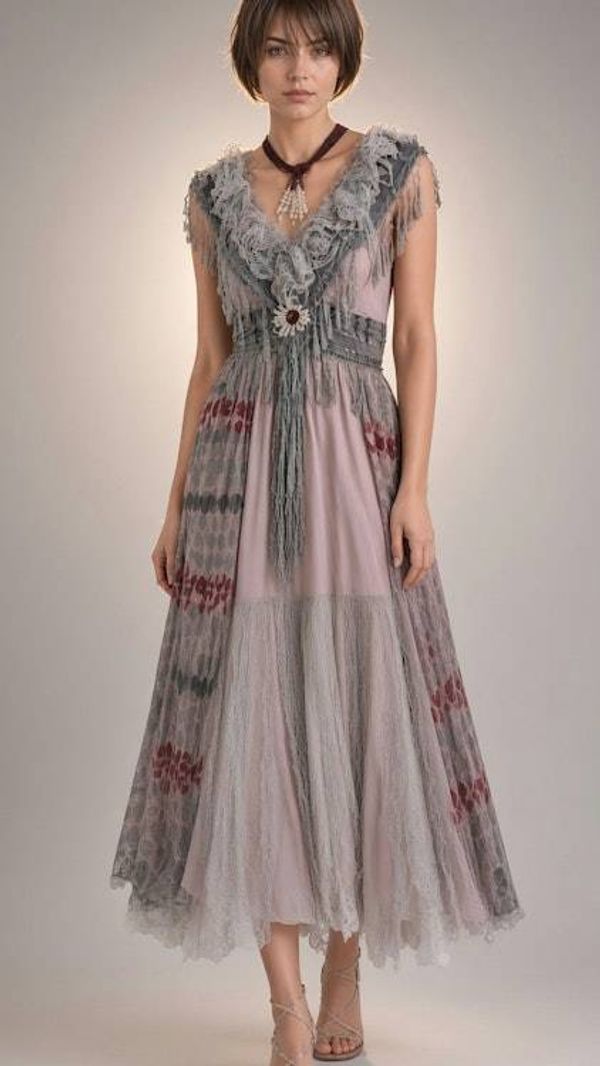 Alternate image for Handcrafted Bohemian lace and mesh midi dress with unique details