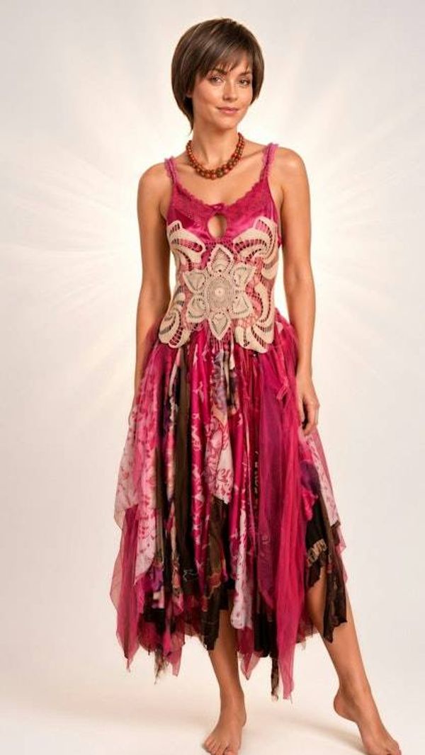 Alternate image for Handcrafted bohemian fairy Dress with crochet appliqué and tattered hem in berry tones