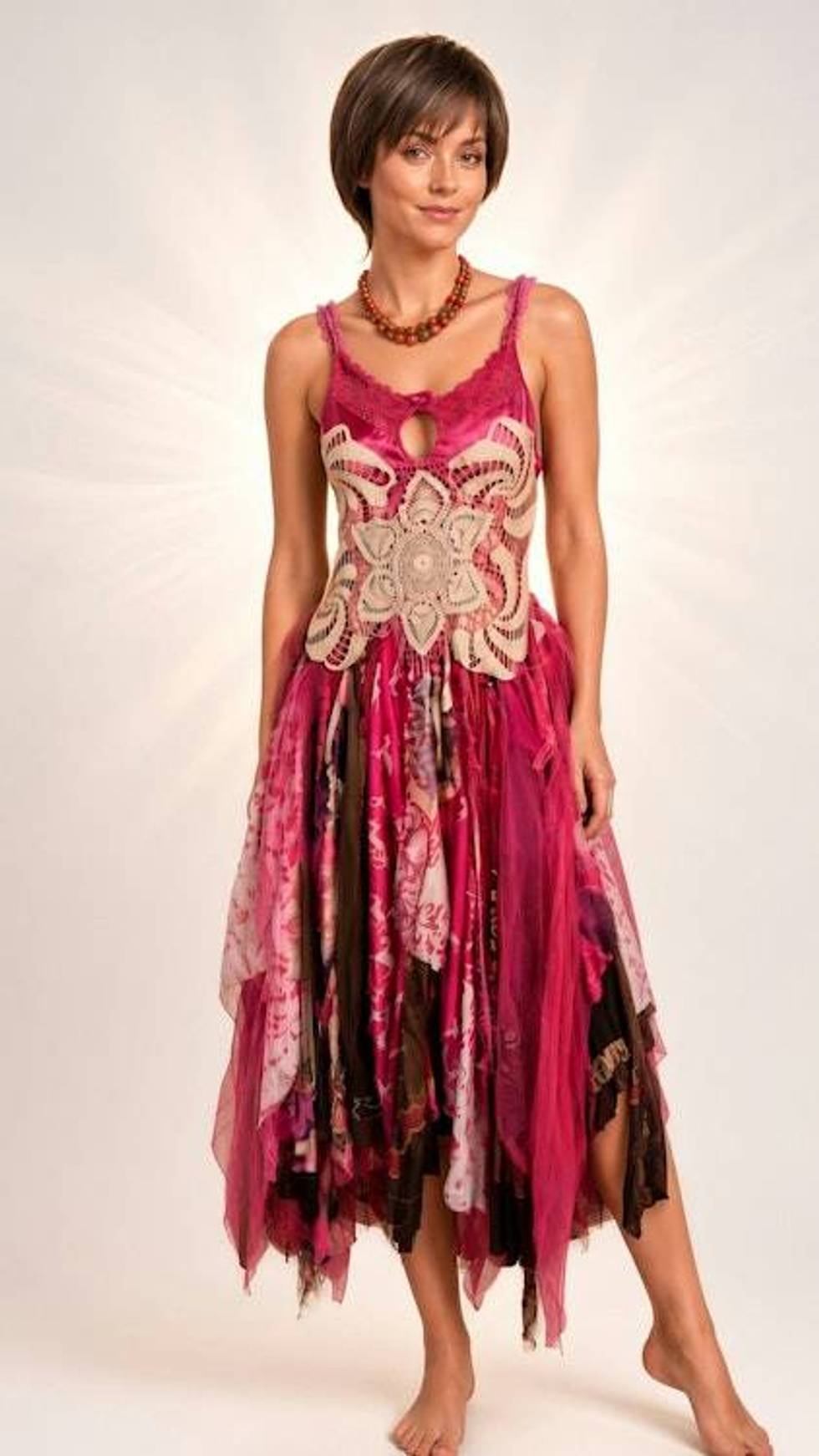 Handcrafted bohemian fairy Dress with crochet appliqué and tattered hem in berry tones