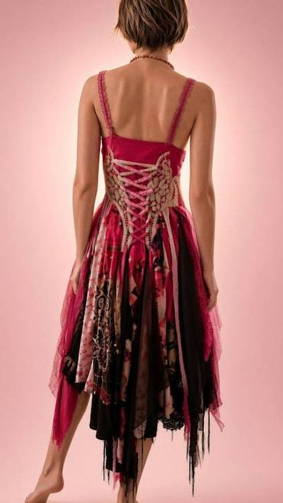 Alternate image for Handcrafted bohemian fairy Dress with crochet appliqué and tattered hem in berry tones