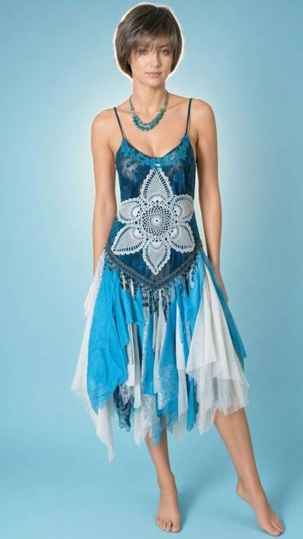 Alternate image for Oceanic mermaid batik shabby dress with lace crochet and beaded finge